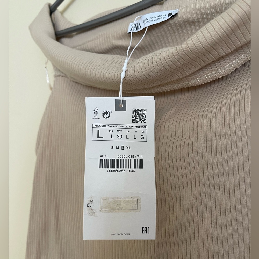 NWT Zara Off Shoulder Tan Ribbed Top Women  Size L US - Picture 7 of 7